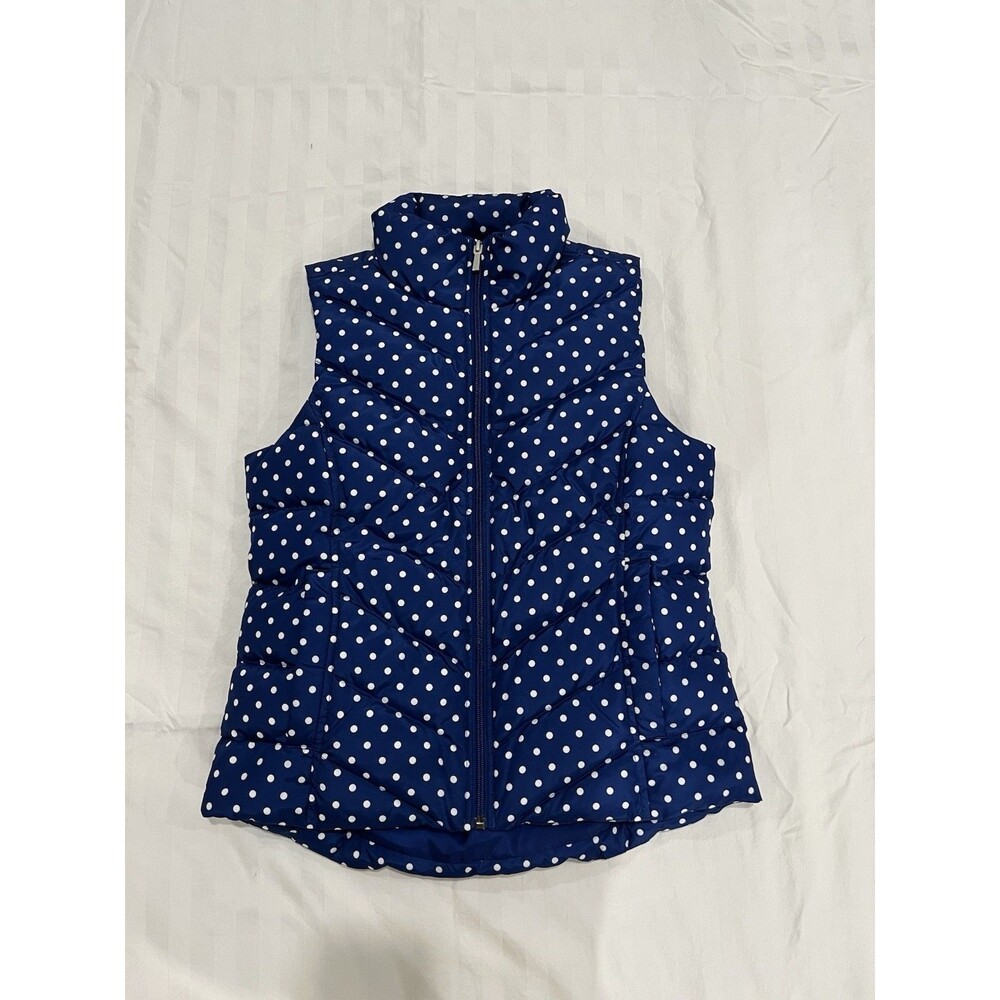 Lands End Womens XS Extra Small Down Puffer Vest 600 Fill Blue Polka Dot Zip
